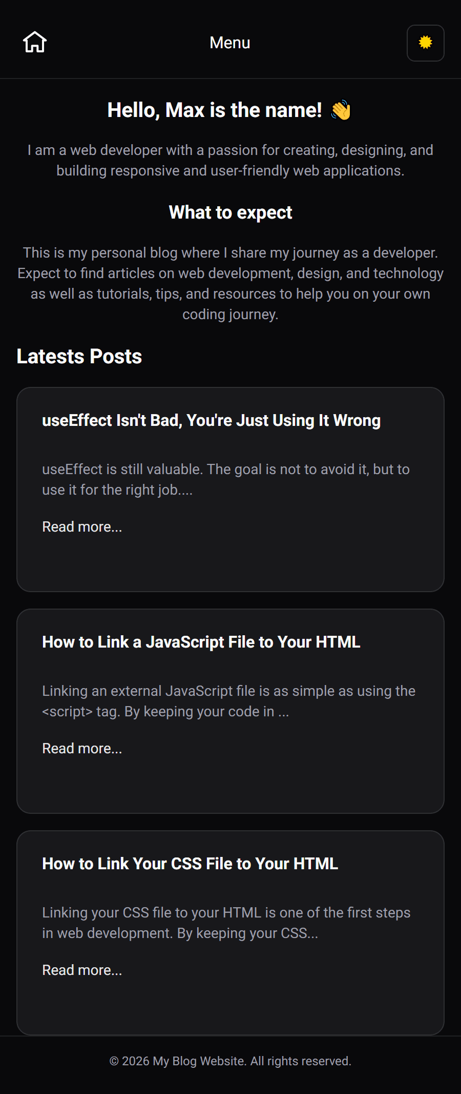 Mobile homepage of the Max Coding blog, with stacked latest-post cards.